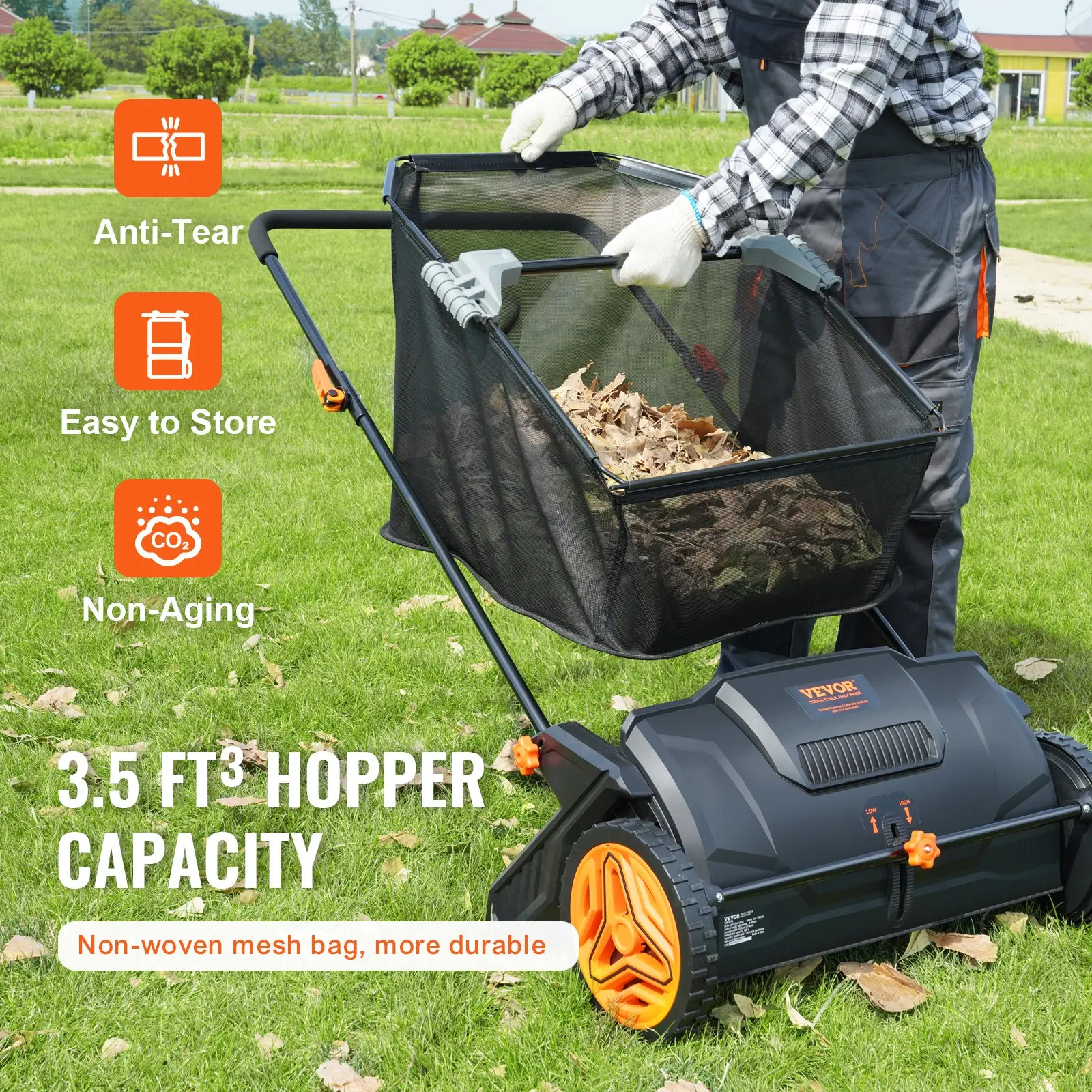 21‑Inch Push Lawn Sweeper Leaf & Grass Collector Tool, 3.5 cu.ft Mesh Hopper Bag, 2 Spinning Brushes, Adjustable Handle for Leaf Cleanup, Wall‑Hangable