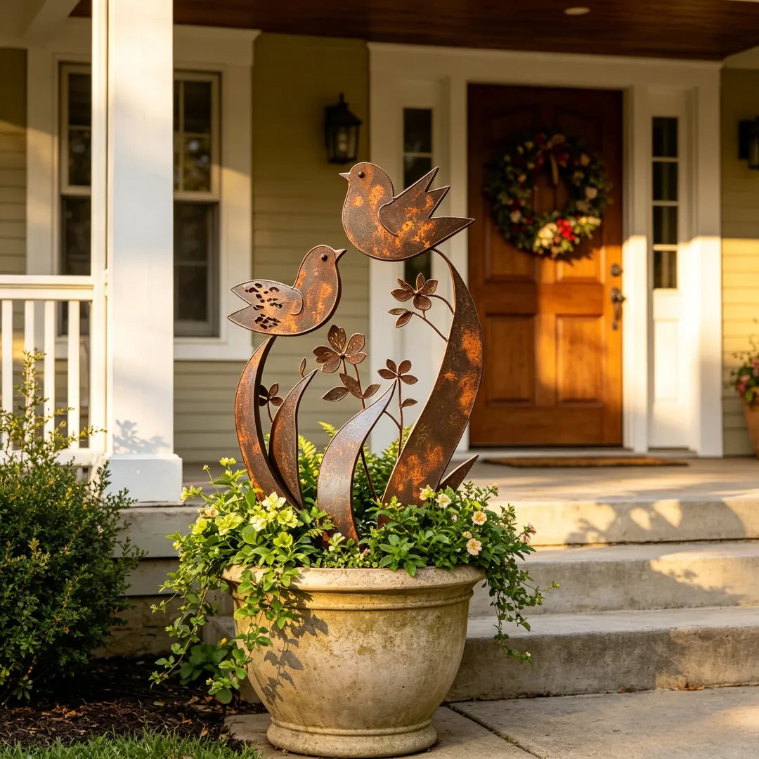 Bird & Wildflower Metal Garden Stake