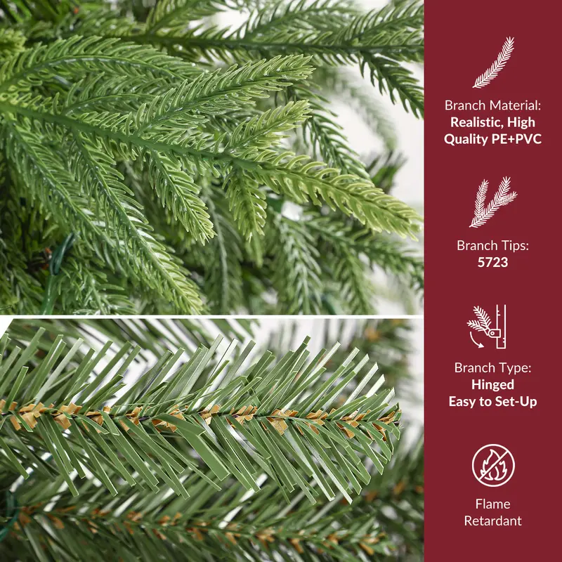 Pre-Lit Norfolk Pine Christmas Tree, 5/6/7.5/8FT Artificial Christmas Tree with Warm White & Multicolor LED Lights, Remote Control, Hinged PE & PVC Branches, Holiday Home Decor
