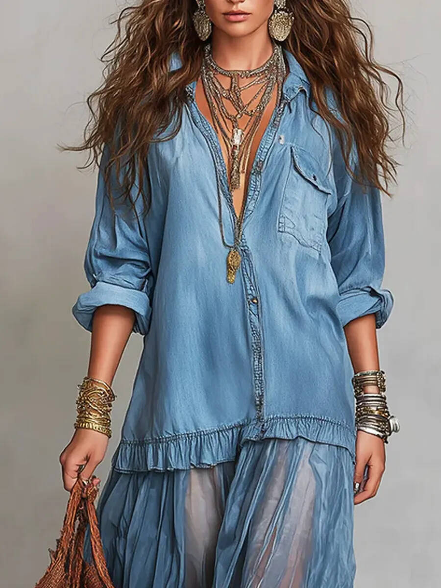 New Arrivals🔥 Women's Retro Lapel Denim Organza Patchwork Art Casual Maxi Dress