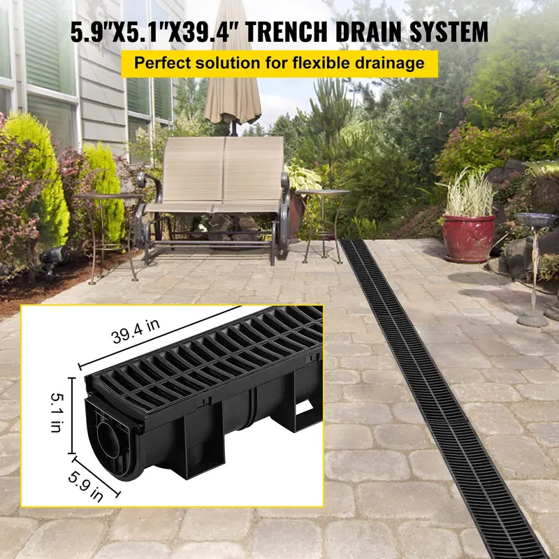 Trench Drain System 6-Pack with Plastic Grates and End Caps, HDPE 5.9x5.1 Inch Garage Floor Drain