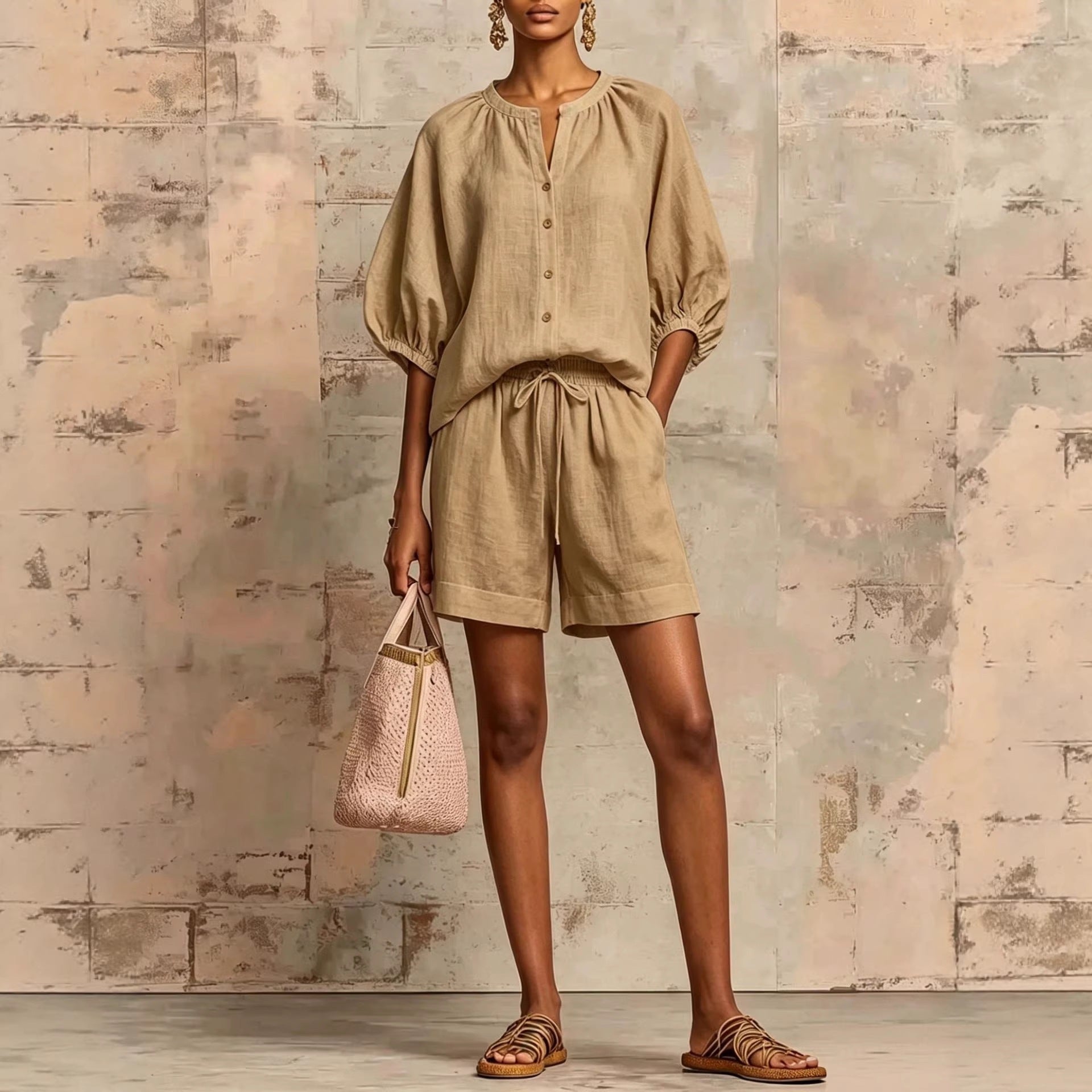 Cotton And Linen Lantern Sleeve Shirt Mid-Waist Drawstring Shorts Suit
