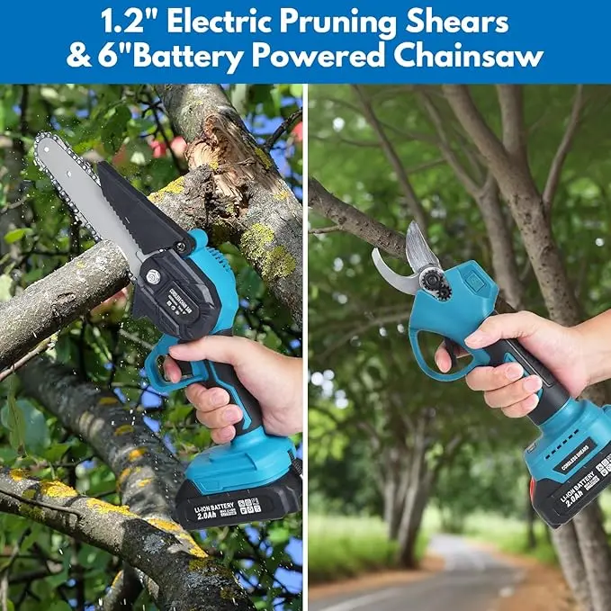 Mini chainsaw and cordless pruning shears in use