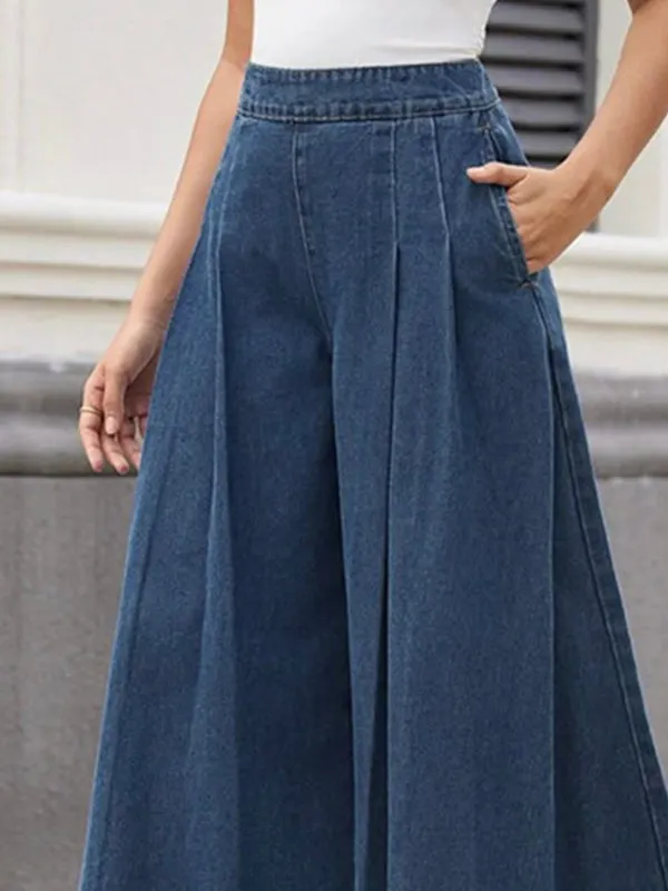 Loose Wide Leg Pleated Pockets Solid Color Jean Pants Bottoms Trousers