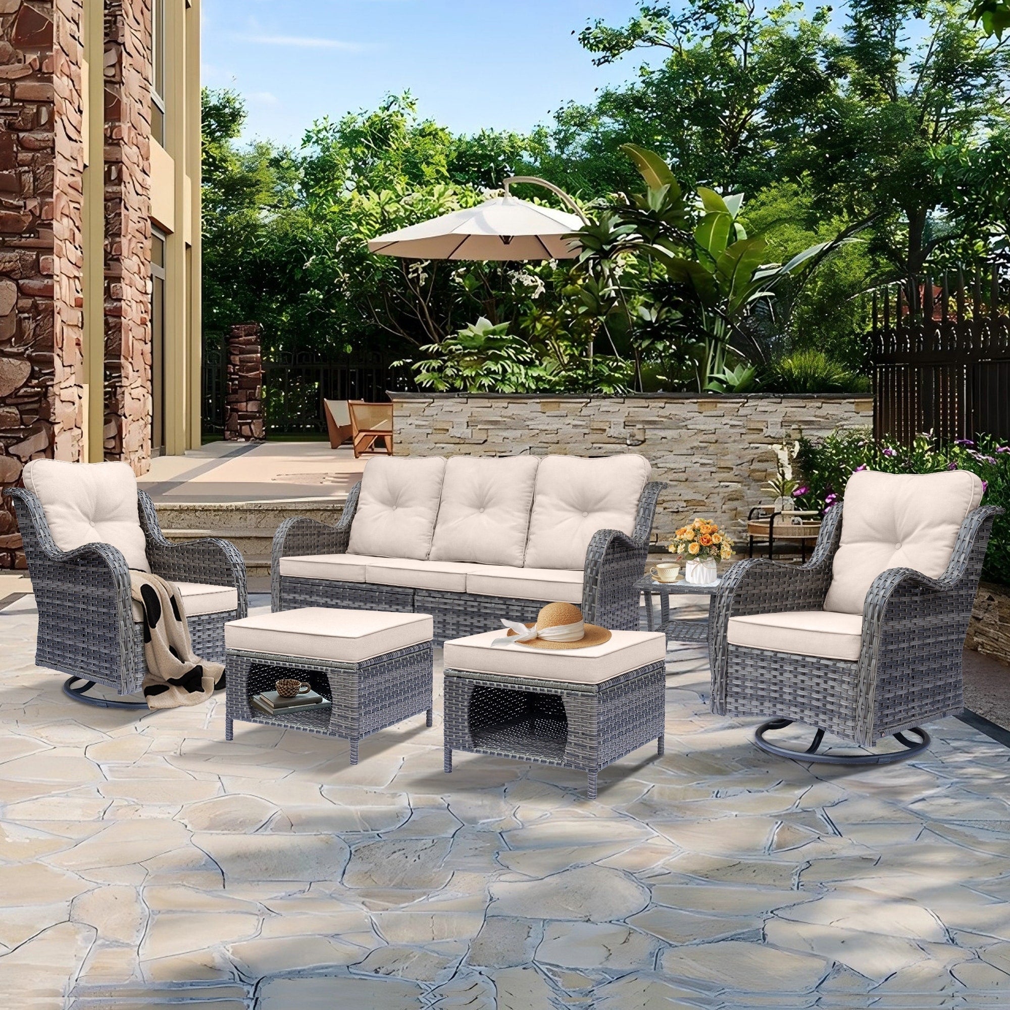 Outdoor Patio Furniture Set-Wicker Patio Conversation Swivel Chair Set