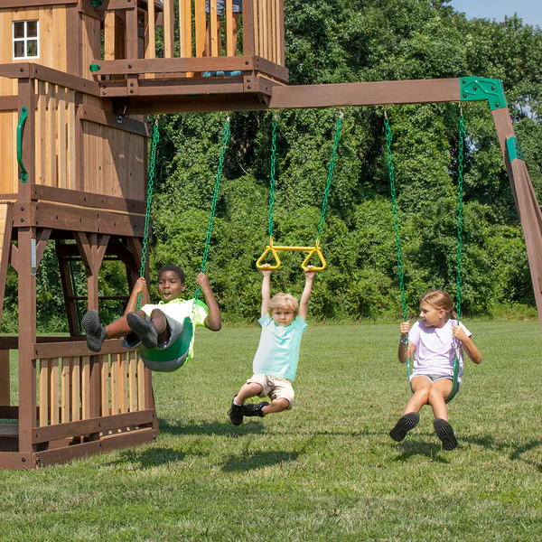 Skyfort II Cedar Wood Swing Set with Wave Slide, Clubhouse, Crow's Nest, and Monkey Bars