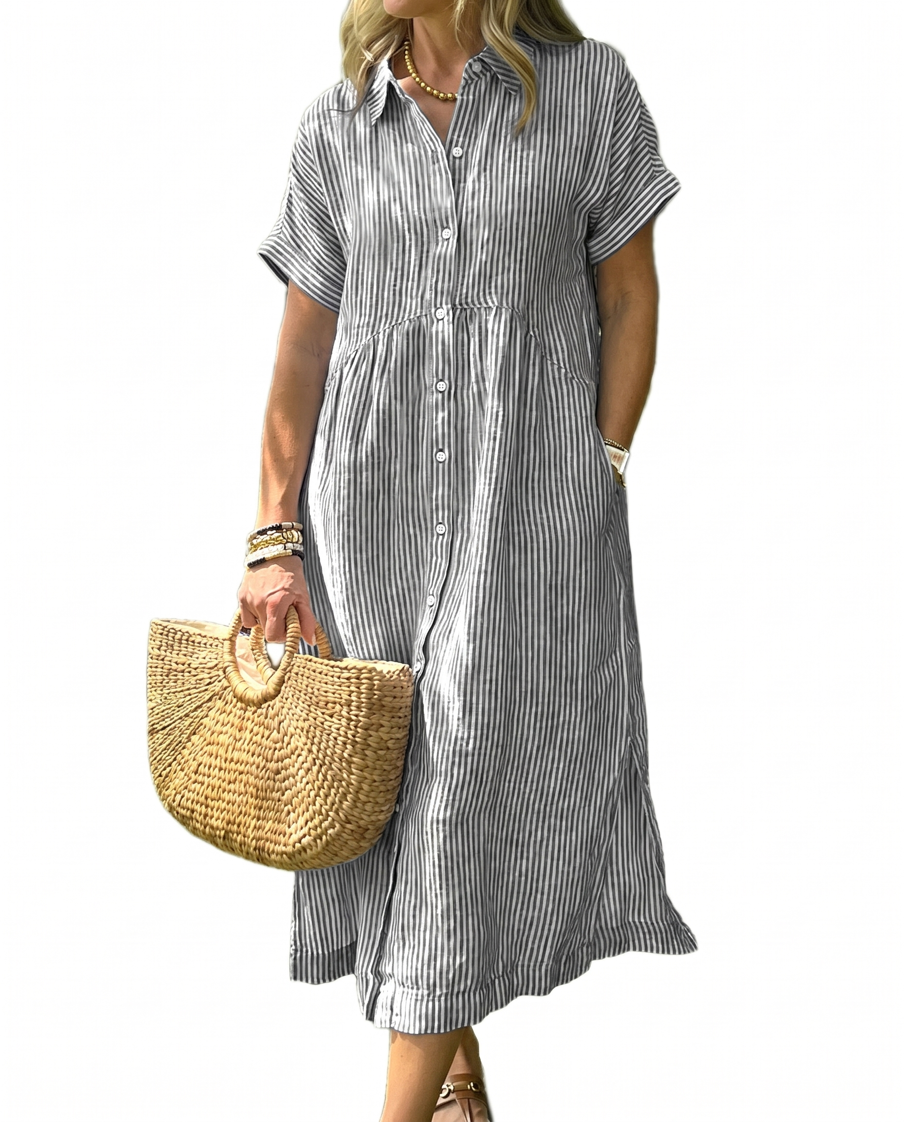 👗 Women's Summer Striped Midi Shirt Dress