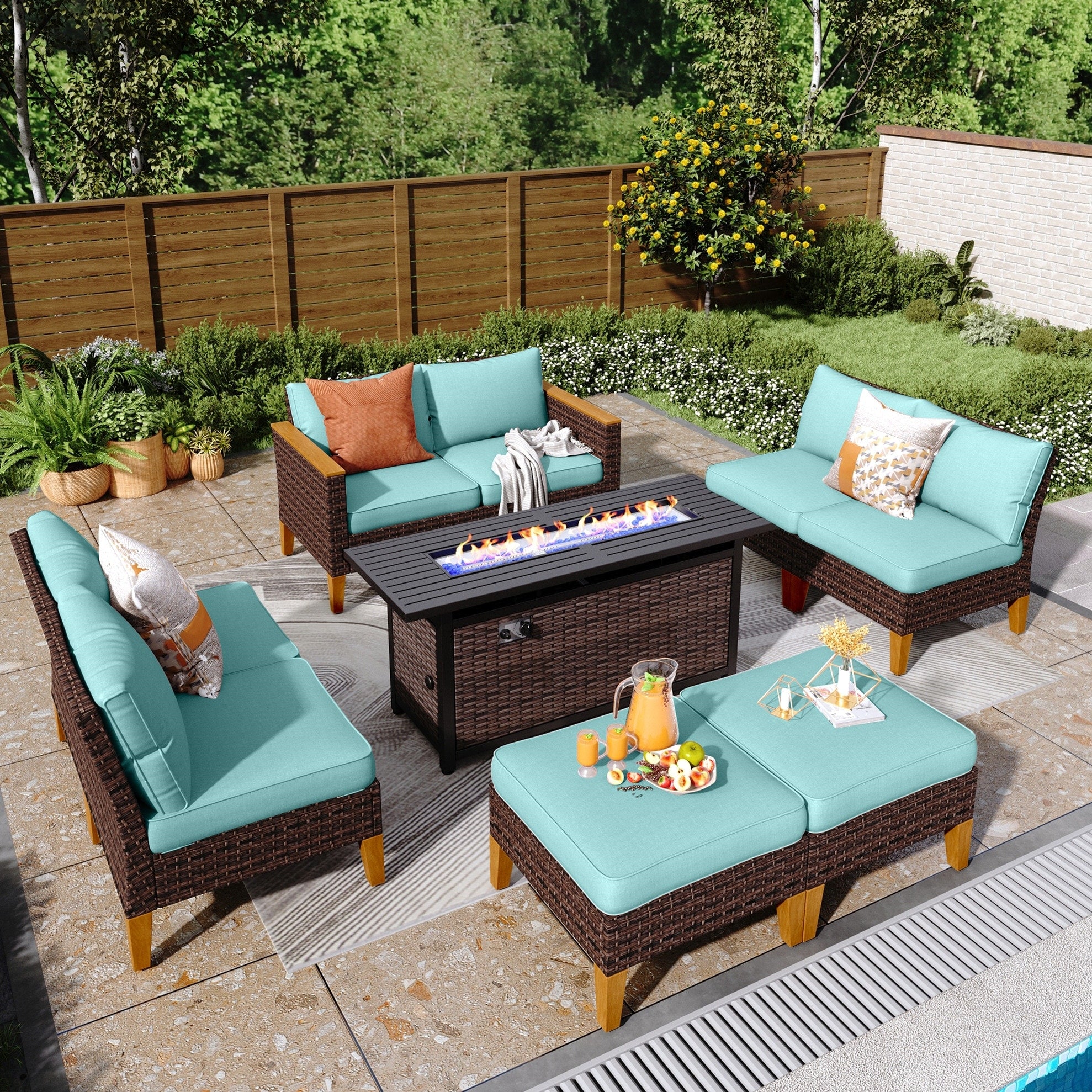 8-Piece Patio Outdoor Wicker Sectional Sofa Set, Large Seating Furniture Conversation Sets with Fire Pit Table
