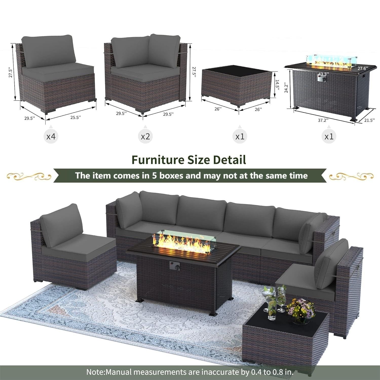Outdoor Rattan Sectional Sofa Set, Patio Furniture Conversation Set with Fire Pit Table