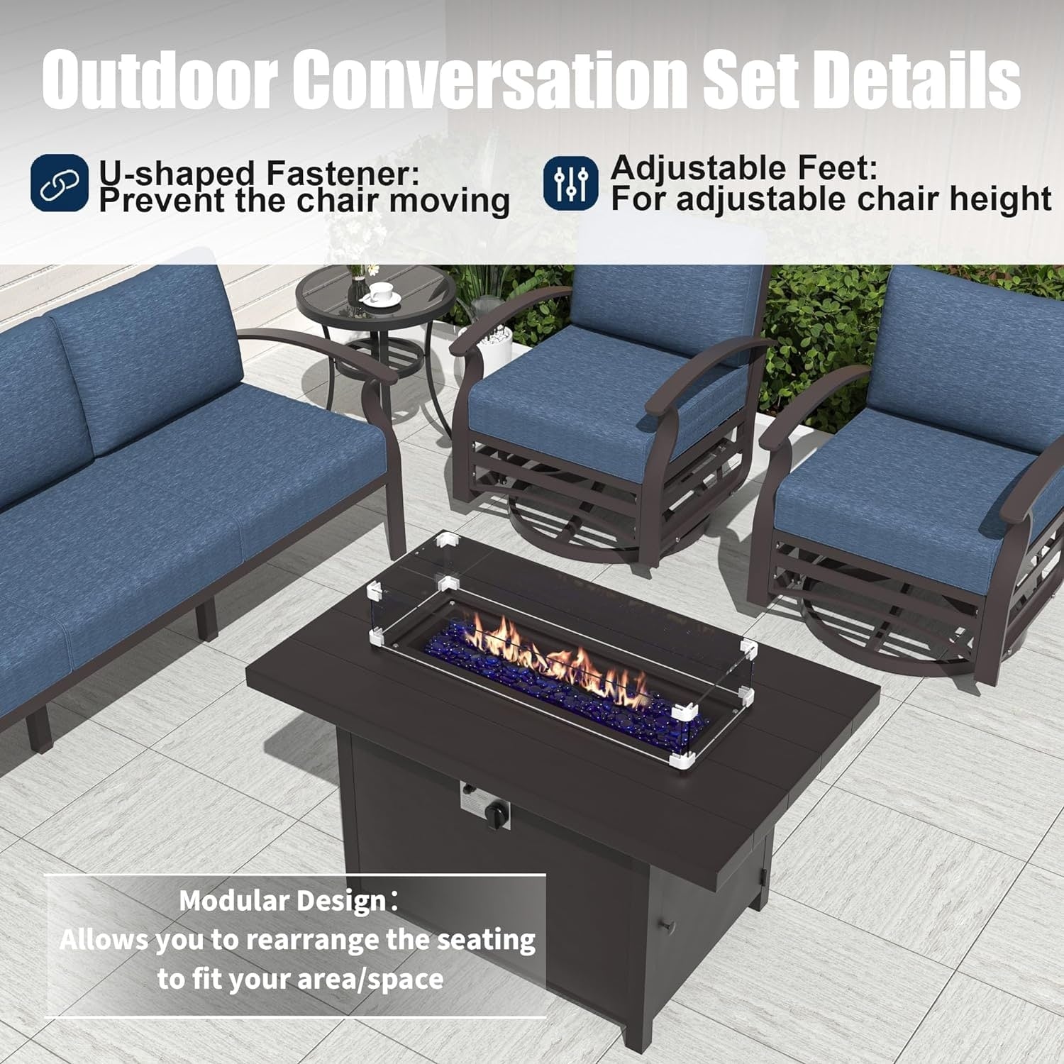 Kullavik Aluminum Outdoor Patio Furniture with Curved Armrests & Firepit Table