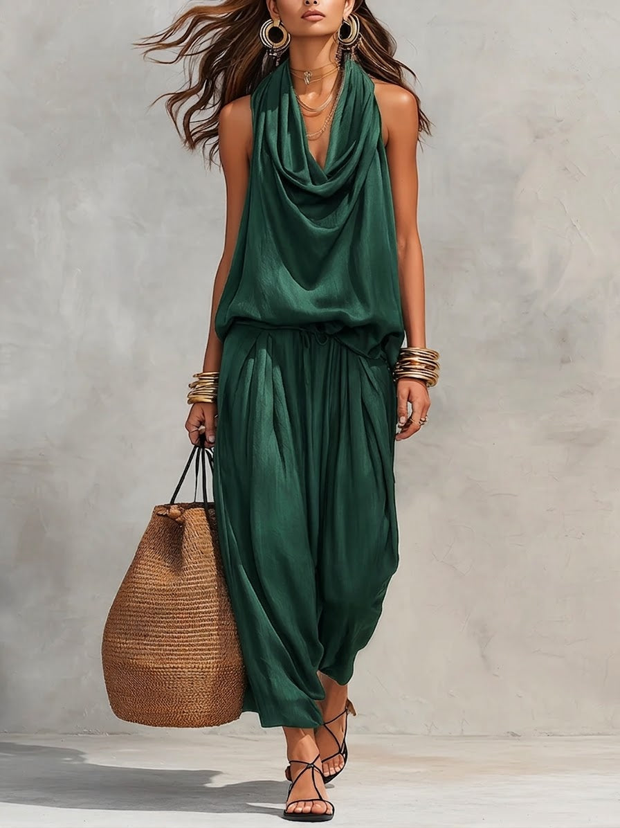 Open-Back Draped Halter Top & Relaxed Wide Leg Pants Set