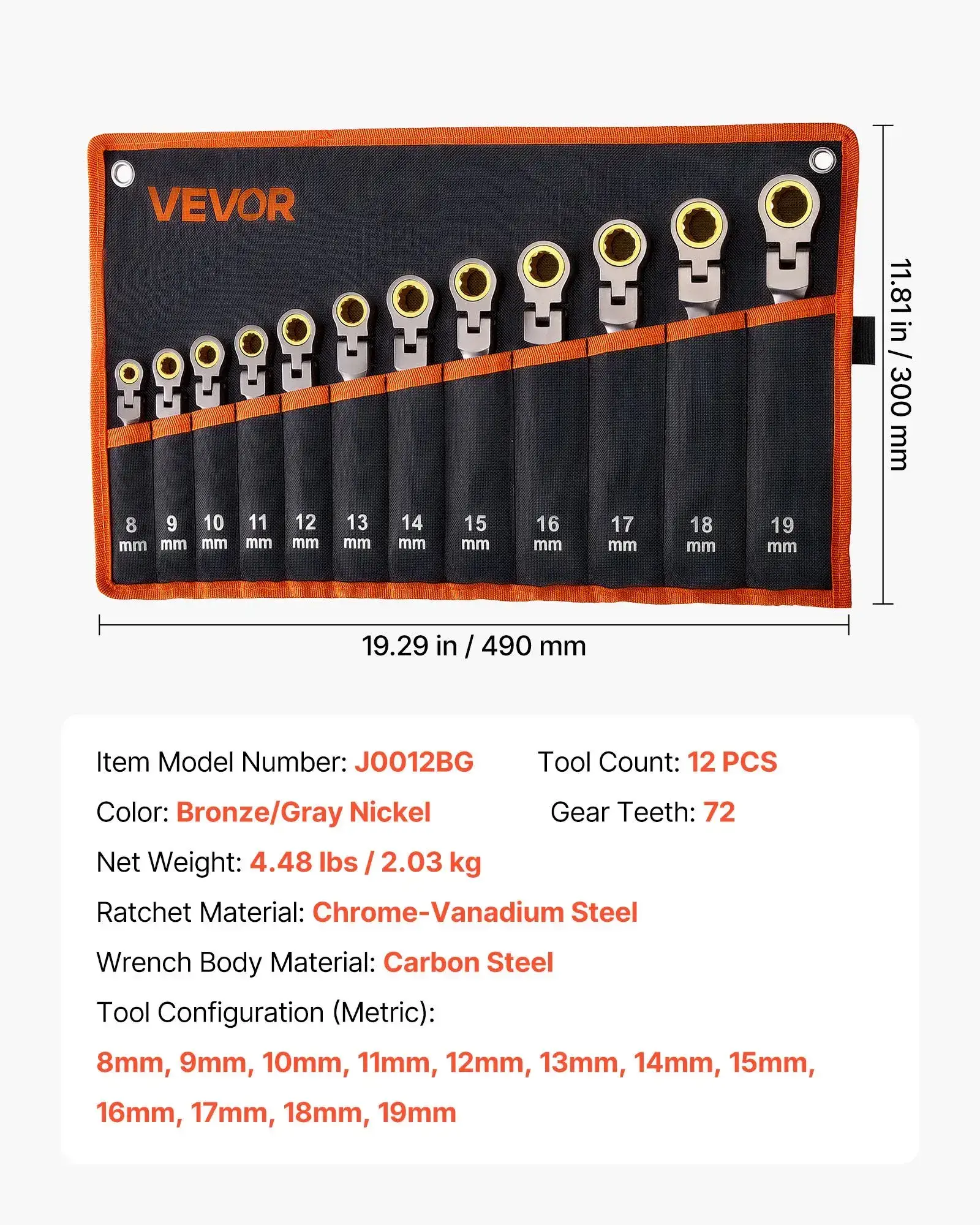 12-Piece Multifunctional Flex-Head Ratcheting Wrench SetMetric 8 mm-19 mm72 Teeth Cr-V Steel Flexible Combination Wrench SetCar & Automotive Tools with Roll Up Pouchfor Household & Automotive RepairsMultifunctional Wrench Set