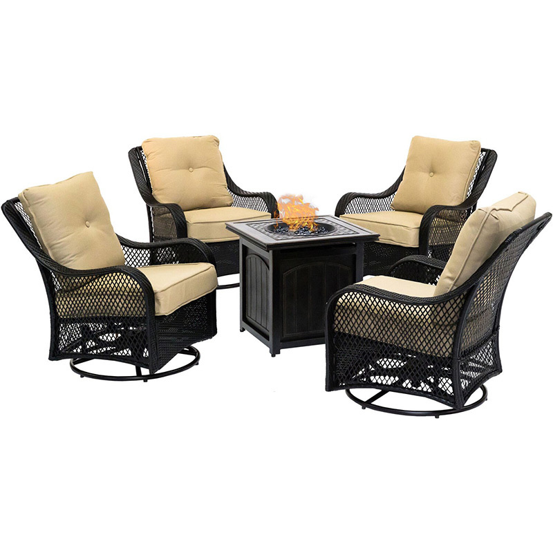 Orleans 5-Piece Fire Pit Chat Set with 4 Woven Swivel Gliders and 26 Inch Square Fire Pit Table, Autumn Berry