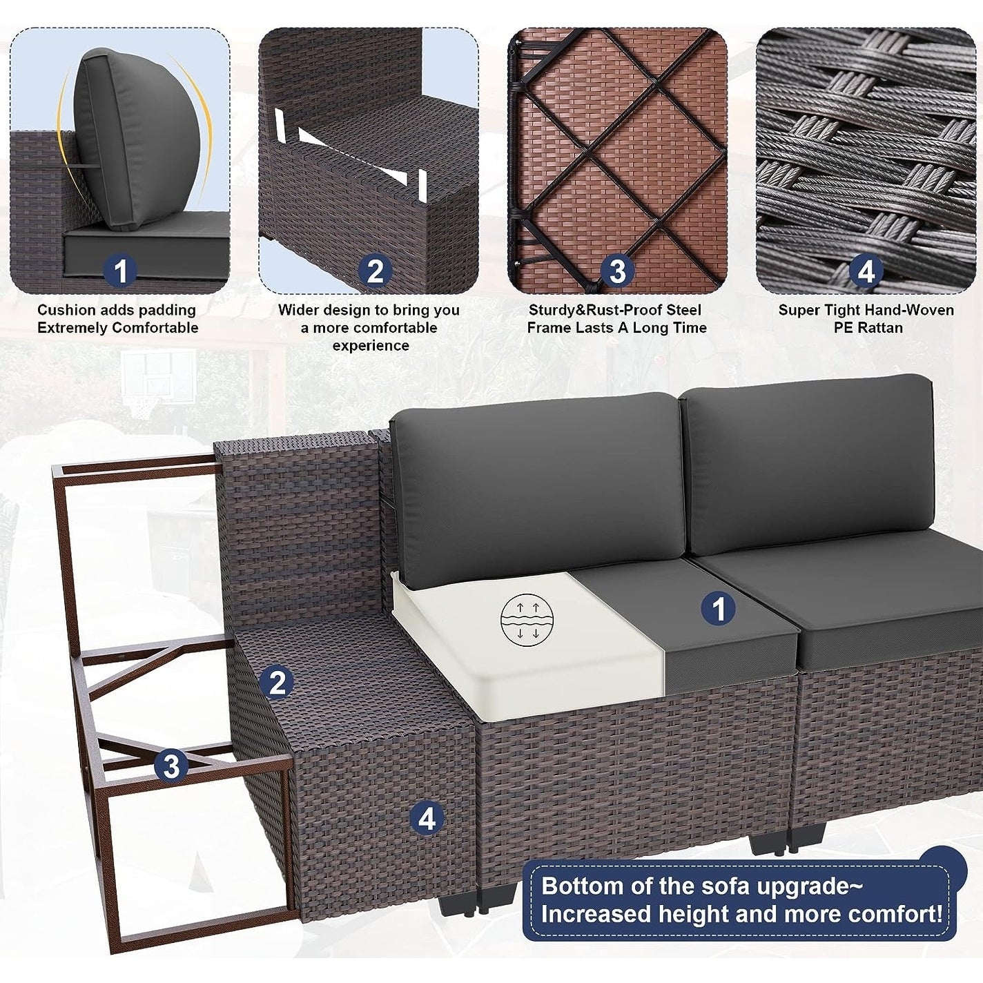 Patio Furniture Sectional Sofa Set, PE Rattan Swivel Rocking Chairs Patio Conversation Set