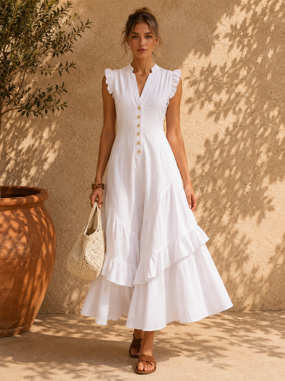 Button Detail Ruffle Hem Linen Blend Maxi Dress