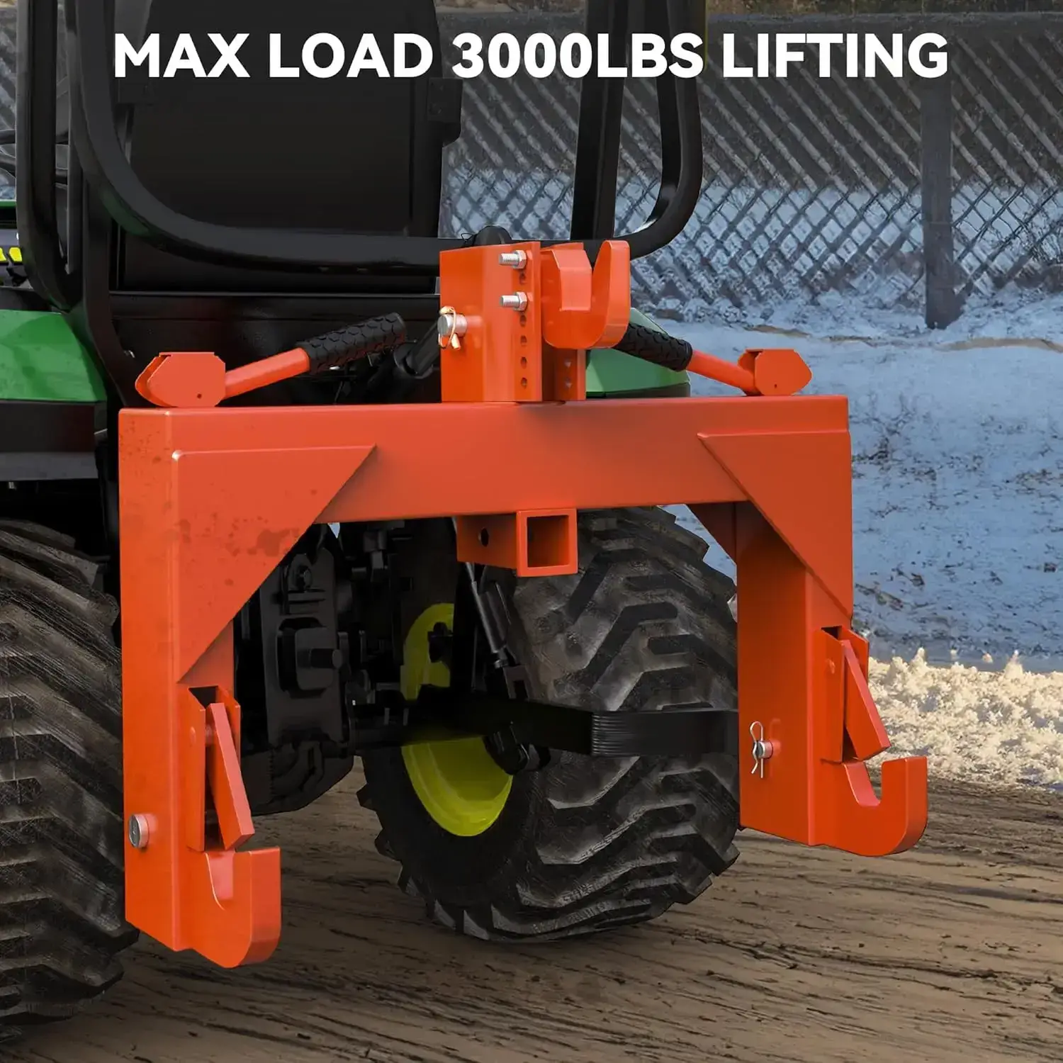 Category 1 3-point quick hitch; 3,000 lb heavy-duty 3-point tractor hitch (with 2-inch receiver); features 5-position adjustable bolts.