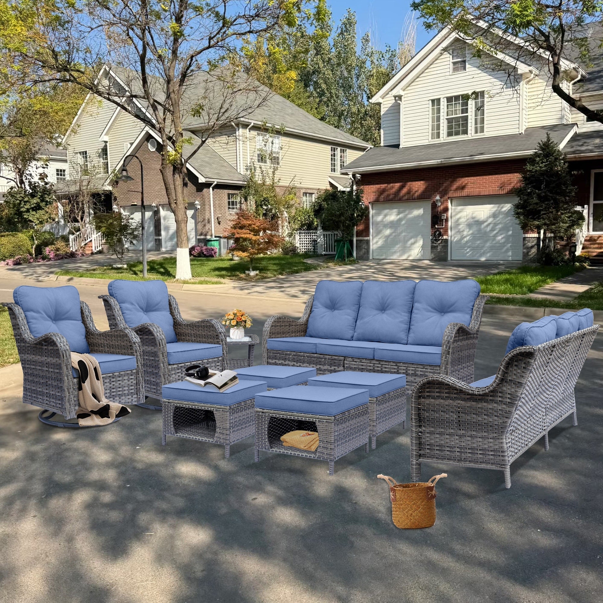 Outdoor Patio Furniture Set-Wicker Patio Conversation Swivel Chair Set