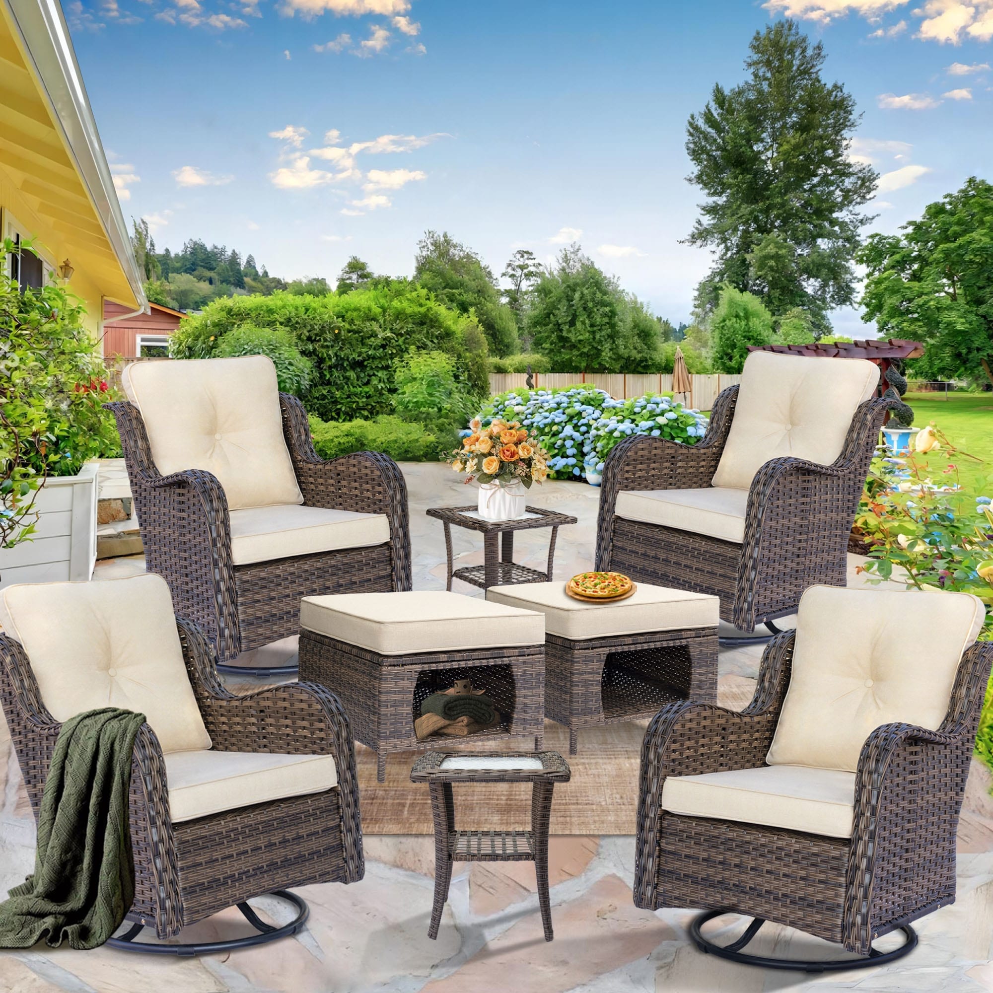 Outdoor Patio Furniture Set-Wicker Patio Conversation Swivel Chair Set