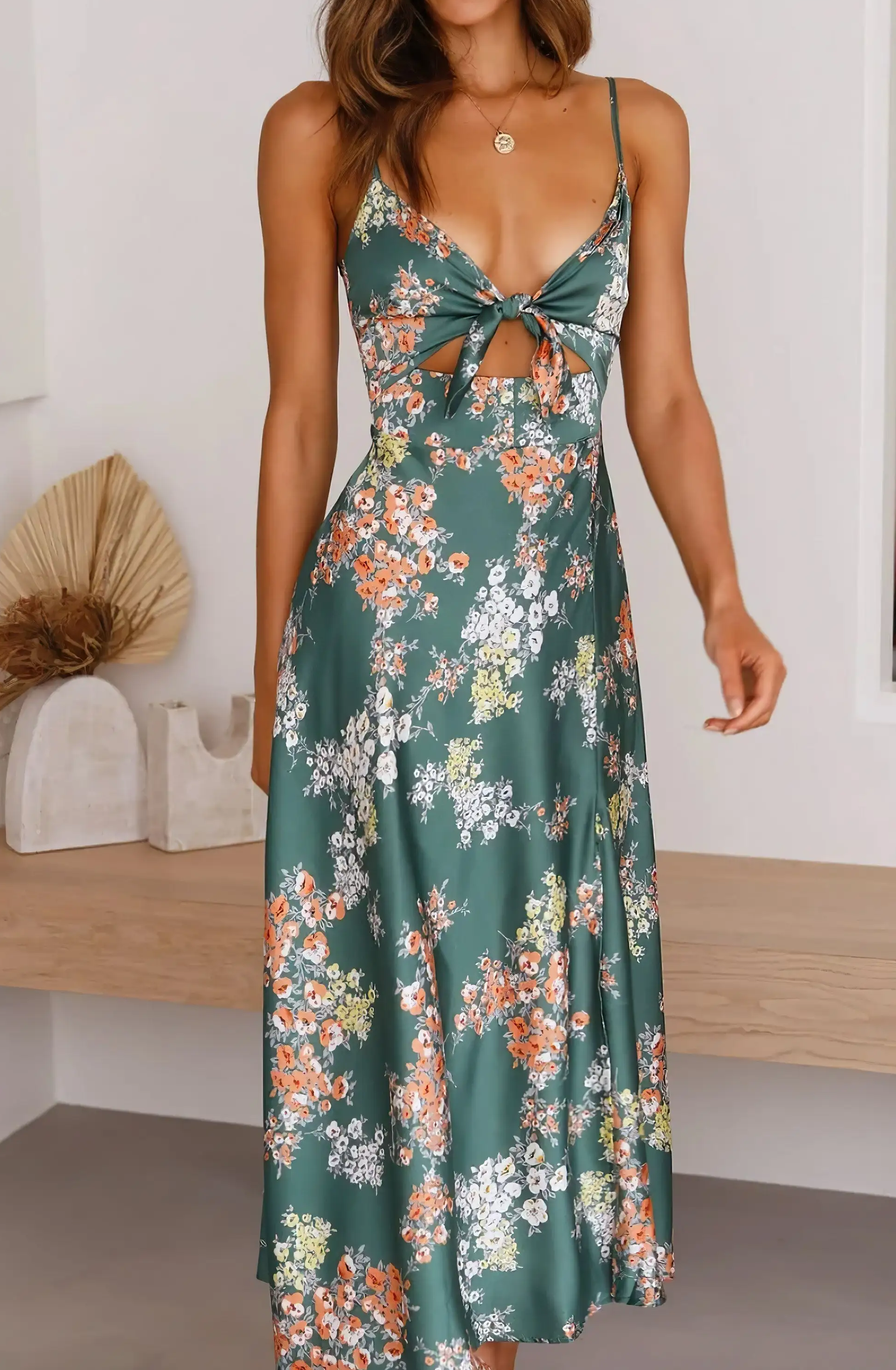 Strappy floral-print satin resort dress