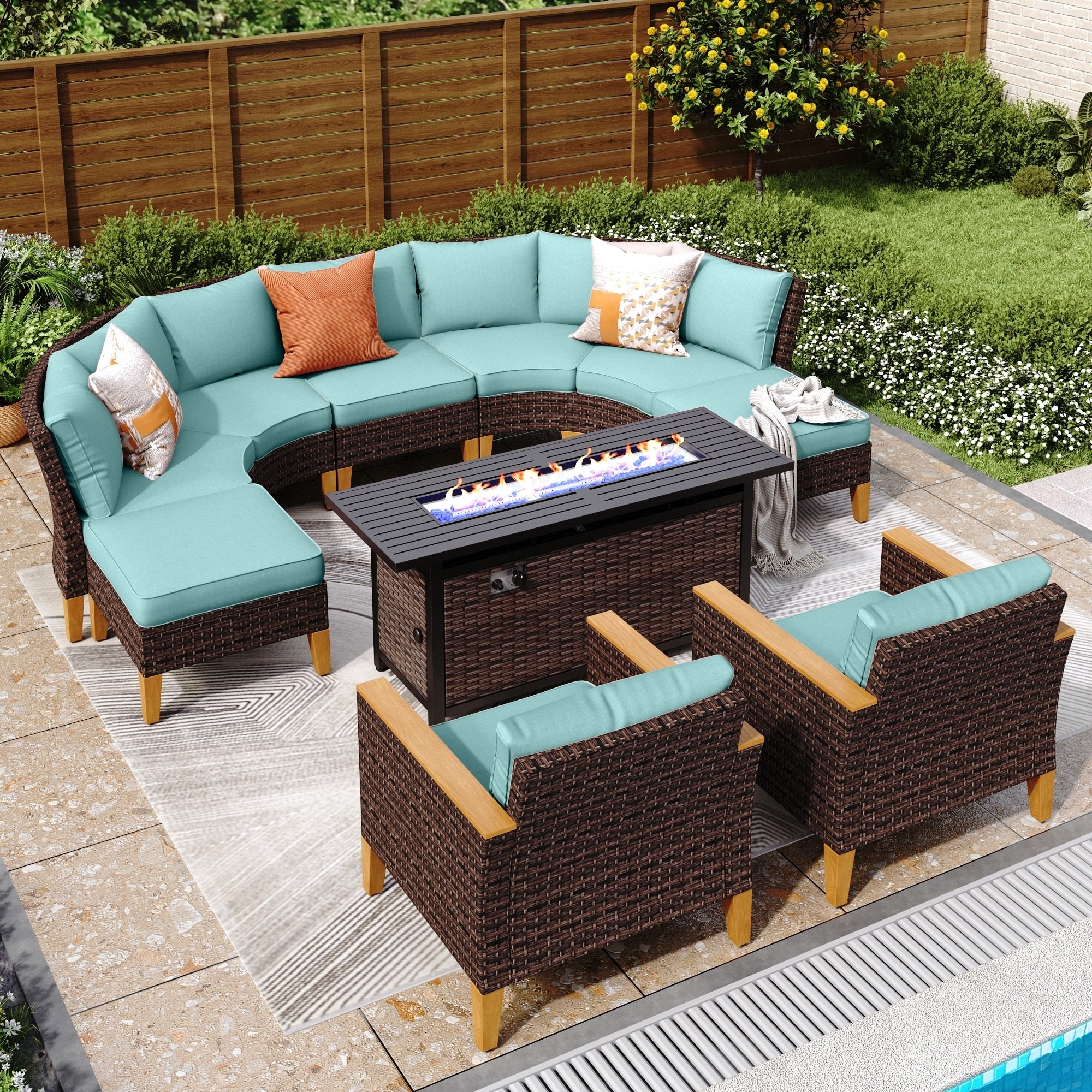 6-11 Piece Patio Outdoor Wicker Sectional Sofa Half-Moon Furniture Set Large Seating Conversation Sets with Fire Pit Table