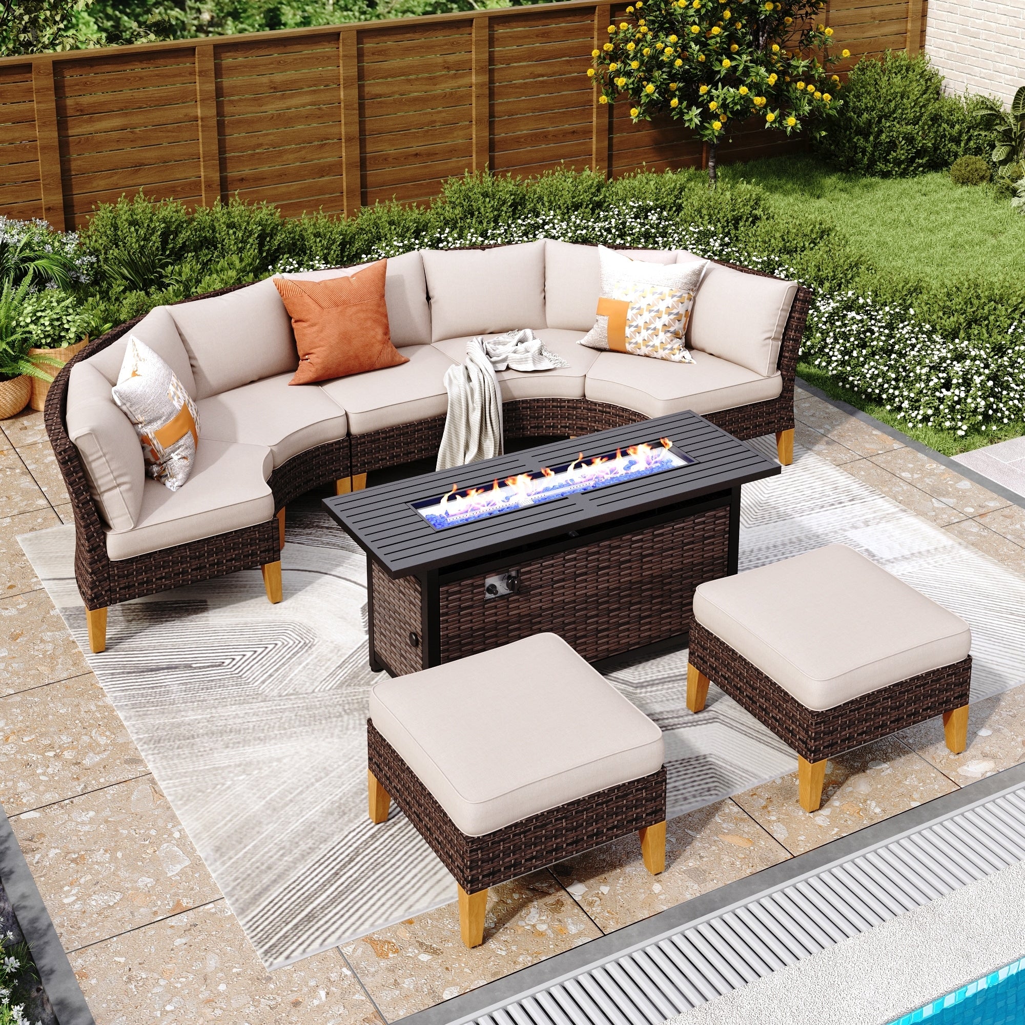 6-11 Piece Patio Outdoor Wicker Sectional Sofa Half-Moon Furniture Set Large Seating Conversation Sets with Fire Pit Table