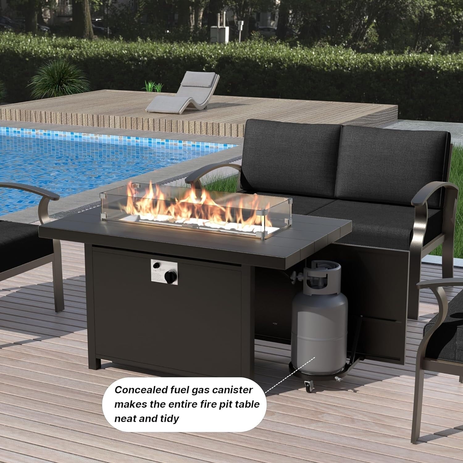 Kullavik Aluminum Outdoor Patio Furniture with Curved Armrests & Firepit Table