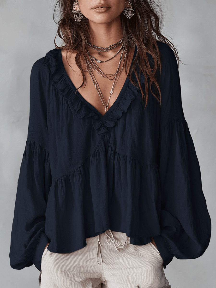 Ruffle Trim V-Neck Peasant Blouse