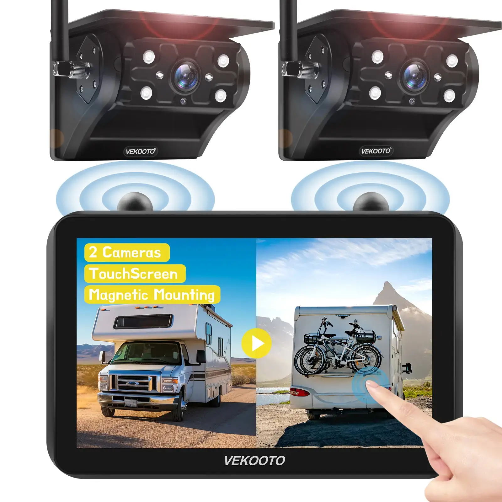 7'' IPS Touchscreen Solar Wireless Backup Camera Kit, HD1080P Magnetic Rechargeable Rear View Camera, No Wiring IP69 Waterproof IR Night Vision Monitor for RV Truck Trailer Camper Car Blind Spot