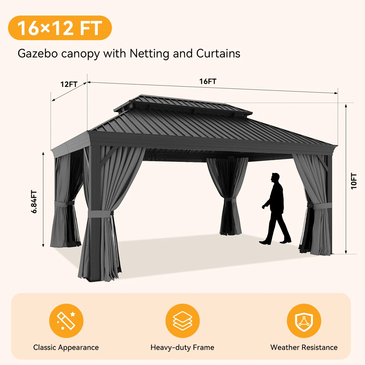 16 Ft. W x 12 Ft. D Aluminum Patio Gazebo