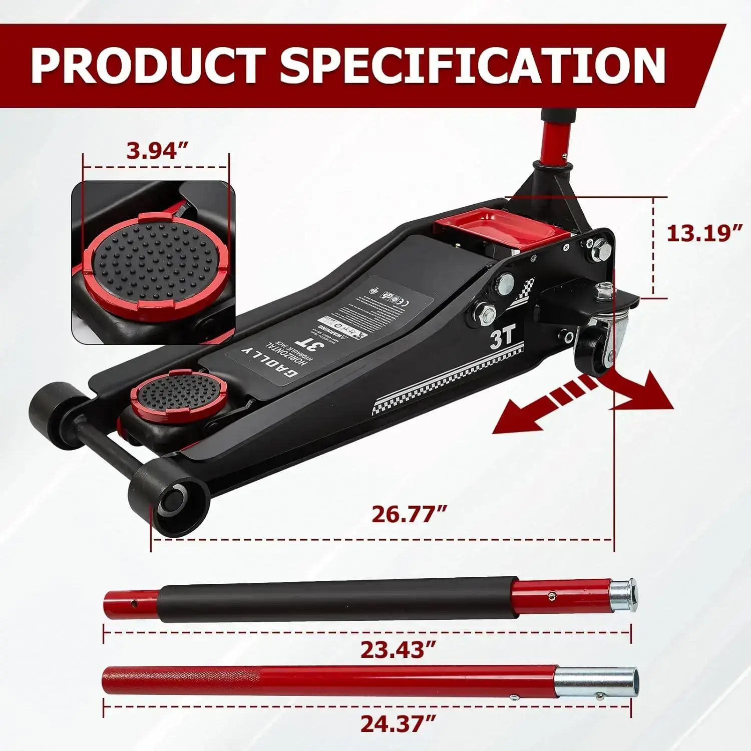 3 Ton Low Profile, Heavy-Duty Steel Racing Floor Jack with Dual Pistons Quick Lift Pump, with Lug Wrench Lifting Range 3.35\