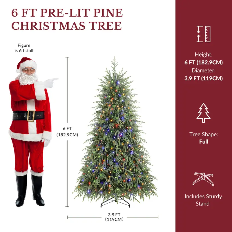 Pre-Lit Norfolk Pine Christmas Tree, 5/6/7.5/8FT Artificial Christmas Tree with Warm White & Multicolor LED Lights, Remote Control, Hinged PE & PVC Branches, Holiday Home Decor