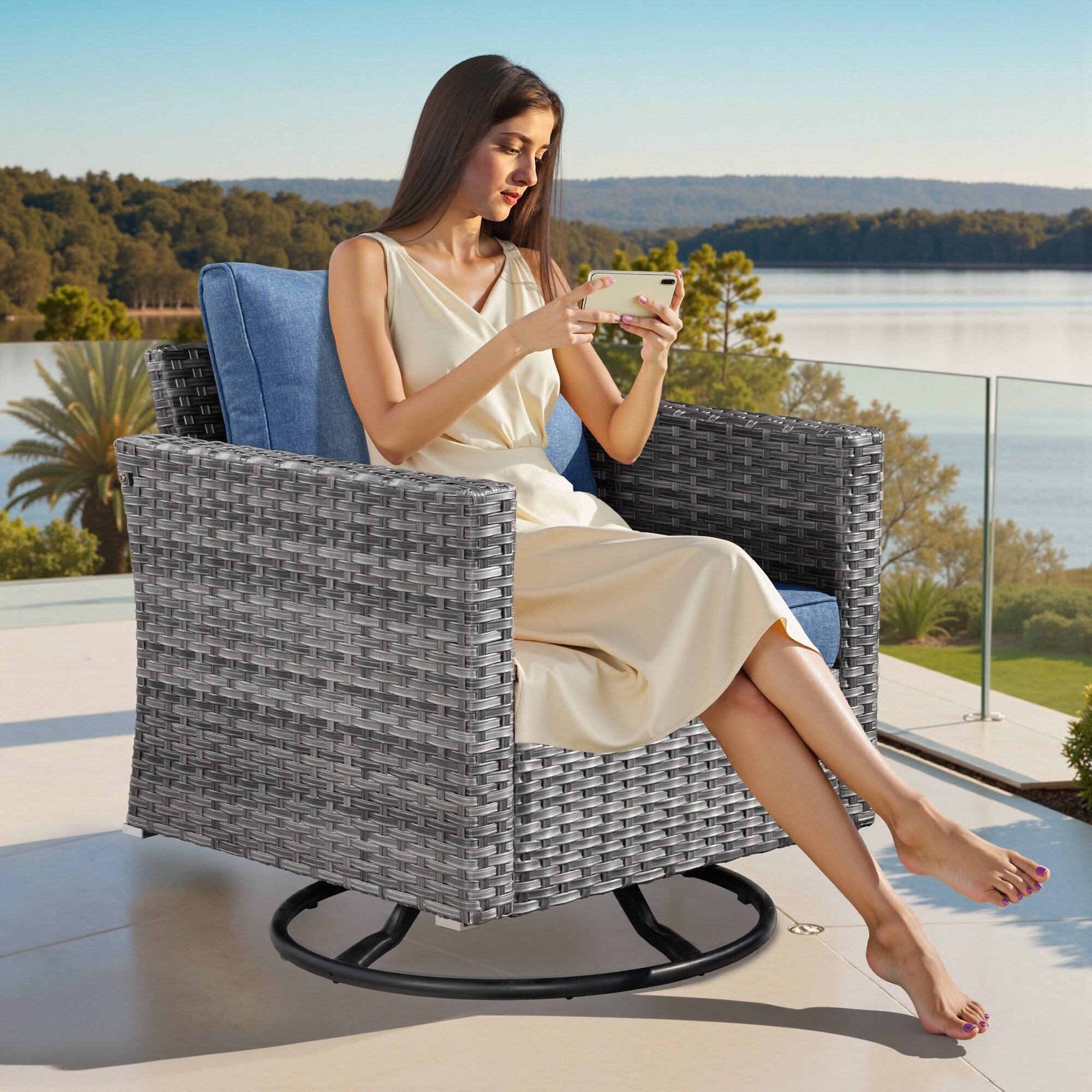 XIZZI 9 Pieces Patio Wicker Furniture Swivel Rocker with Firepit Table