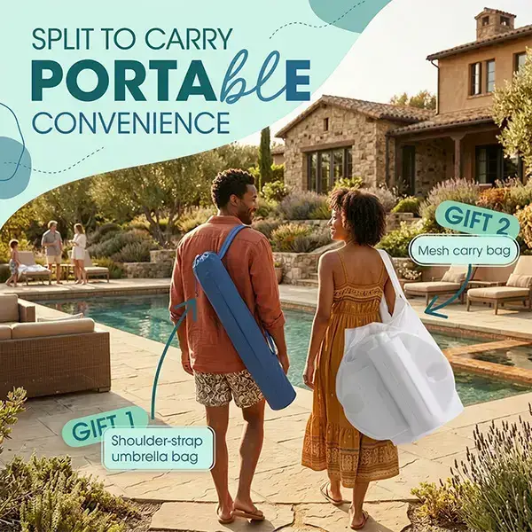Portable Floating Pool Bar Table with Sun Umbrella, Built-in Cup Holders & Phone Stand, Stable Base with Carry Bag for Pool, Lake, Beach Summer Parties