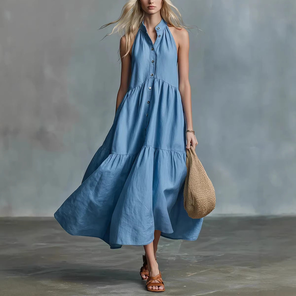 Sleeveless Casual Loose Linen Button Vest Dress