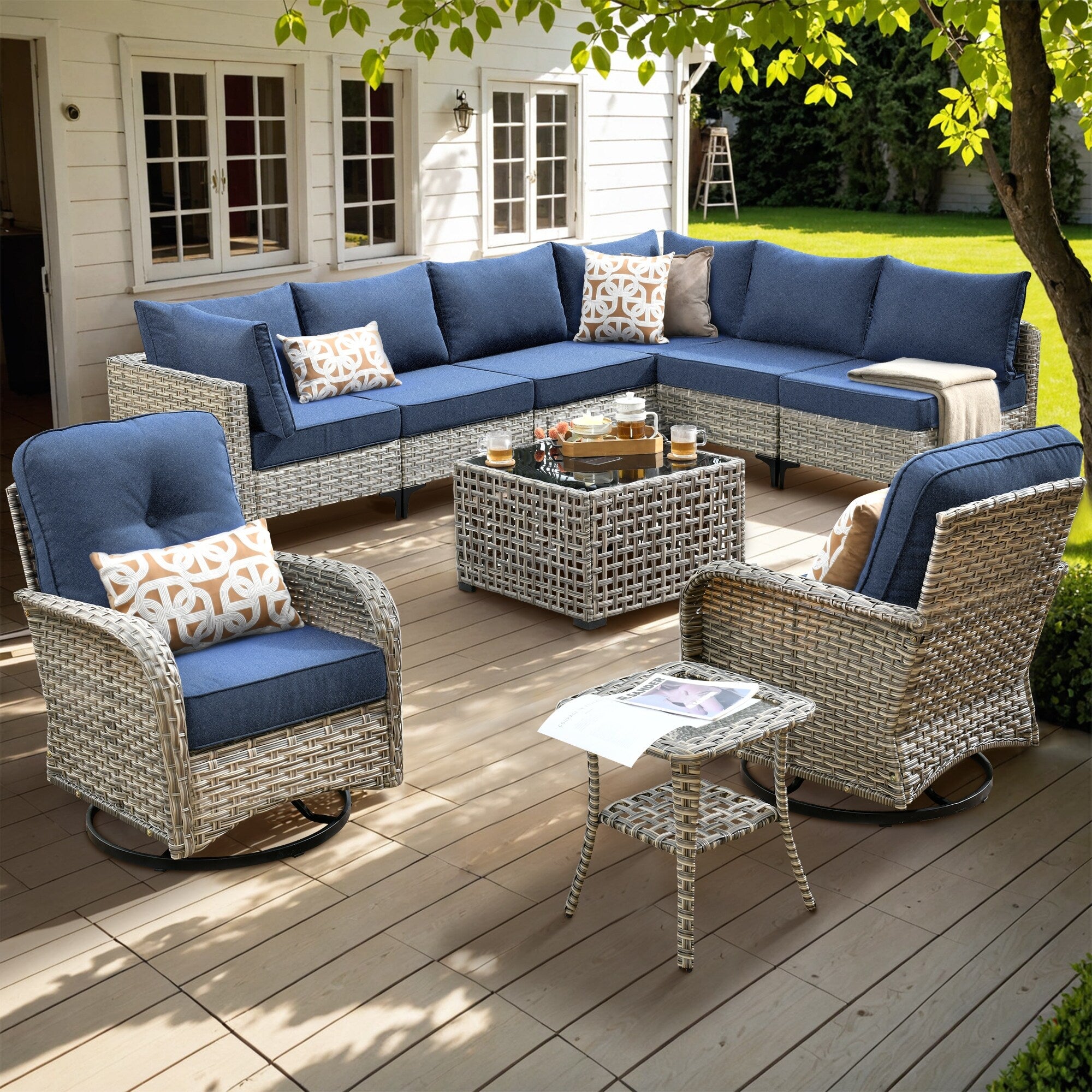 XIZZI 10-piece Patio Furniture Wicker Sectional Set with Swivel Chair