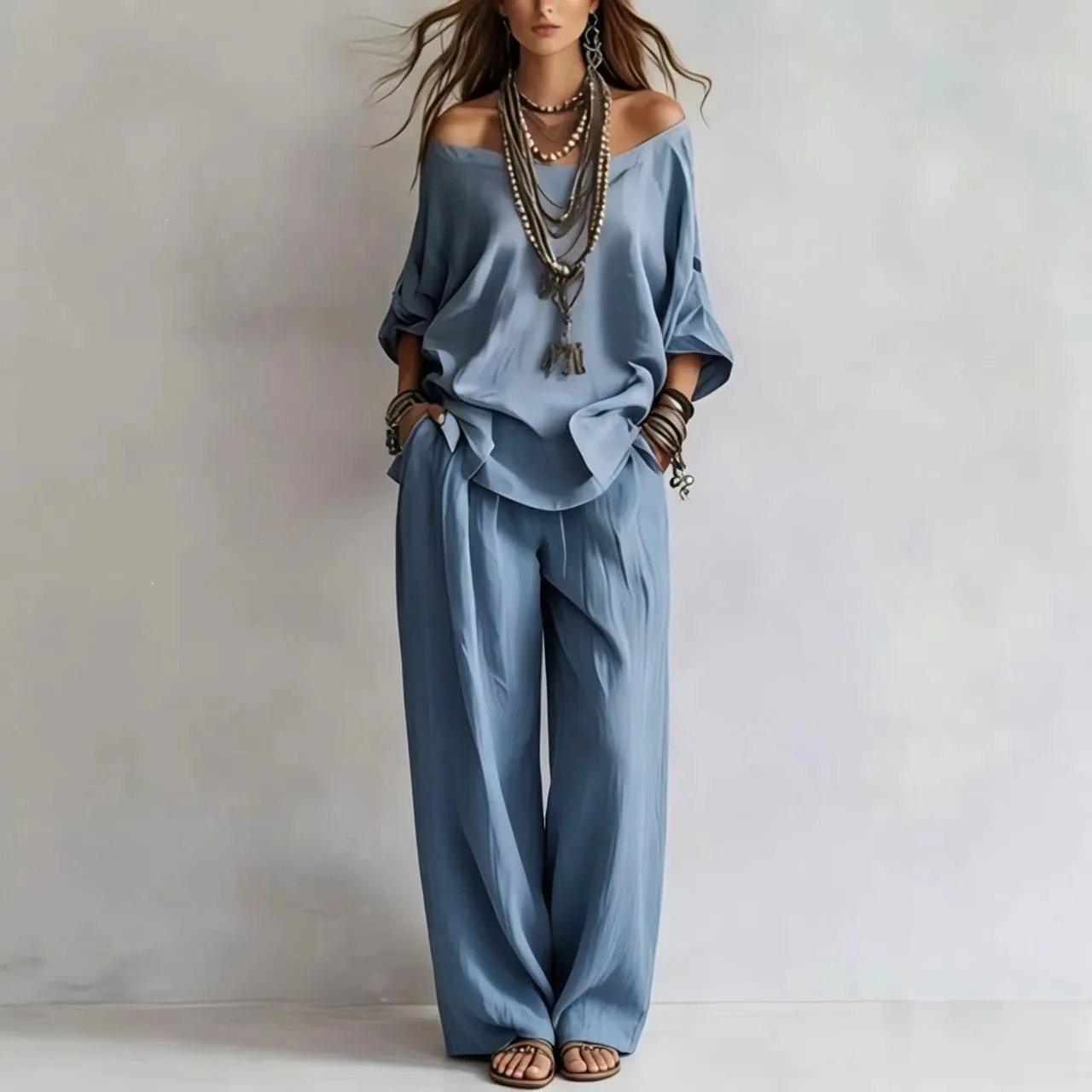 Women'S One-Shoulder Loose Top Wide-Leg Pants Cross-Border Two-Piece Set