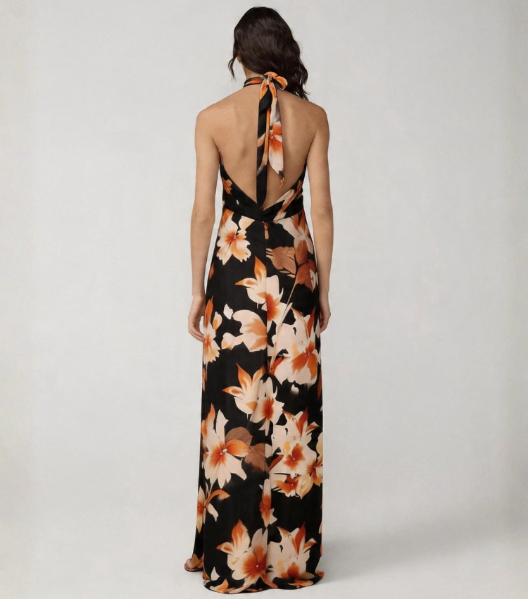 Orange Floral Print Halter Neck Maxi Dress