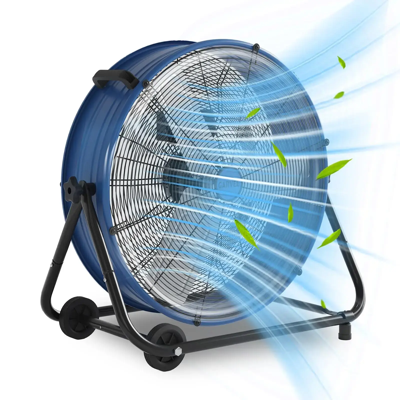 24 Inch High Speed Industrial Drum Floor Fan, heavy-duty full metal construction with 3 speeds and 360° tilt design. Built with portable handle and rolling casters for easy movement, powerful air circulation fan perfect for warehouse, garage