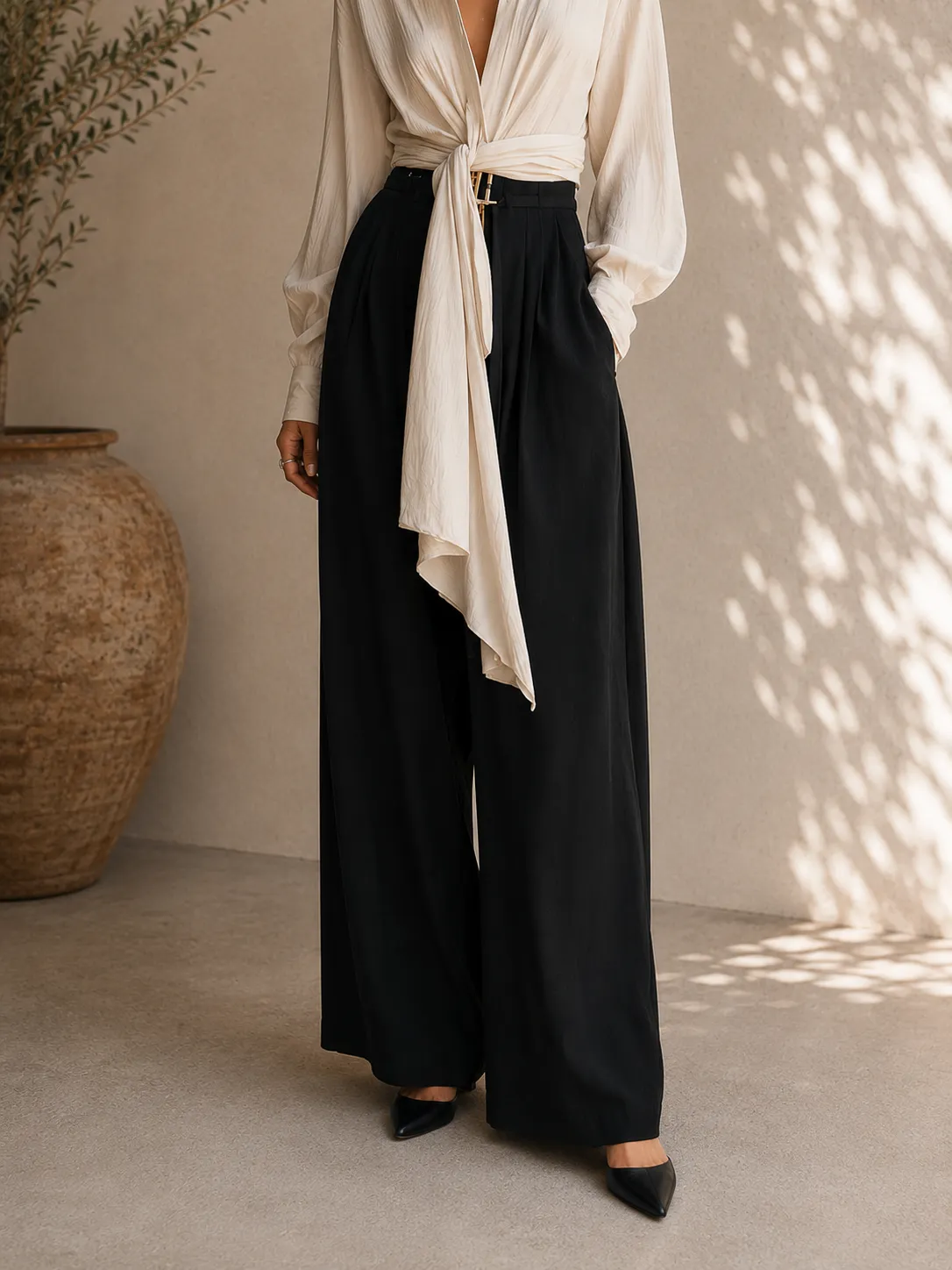 Twist Front Shirt & Wide Leg Pants Set