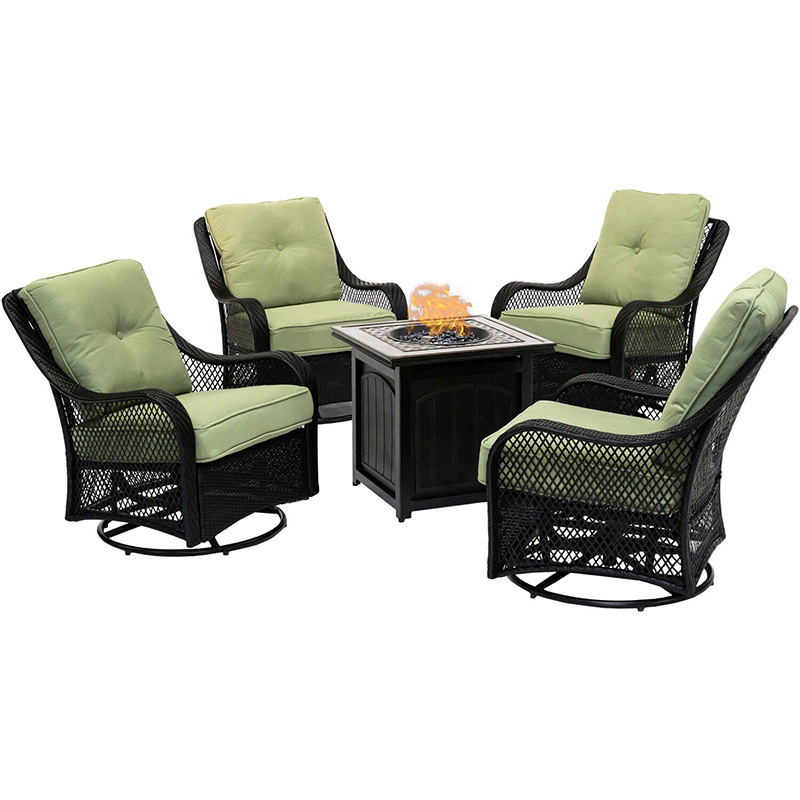 Orleans 5-Piece Fire Pit Chat Set with 4 Woven Swivel Gliders and 26 Inch Square Fire Pit Table, Autumn Berry