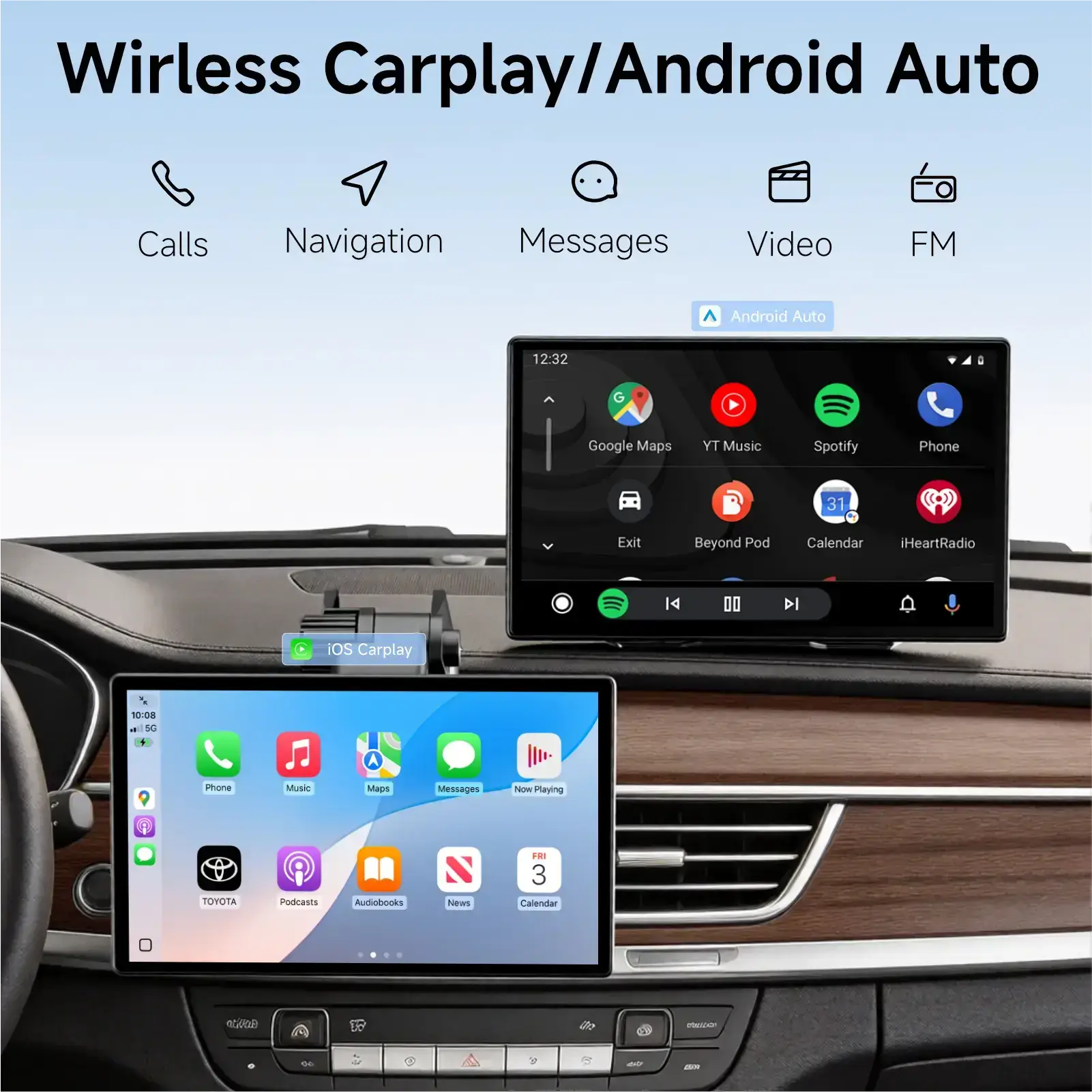 2026 Upgraded 9 Inch IPS Touchscreen Wireless CarPlay Screen, Supports Android Auto, Mirror Link, TikTok YouTube, Backup Camera, Navigation & Voice Assistant