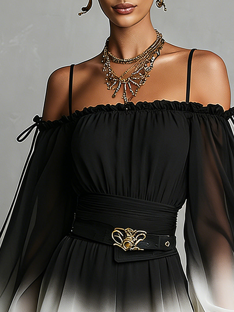 Black And White Ombre Off‐Shoulder Jumpsuit