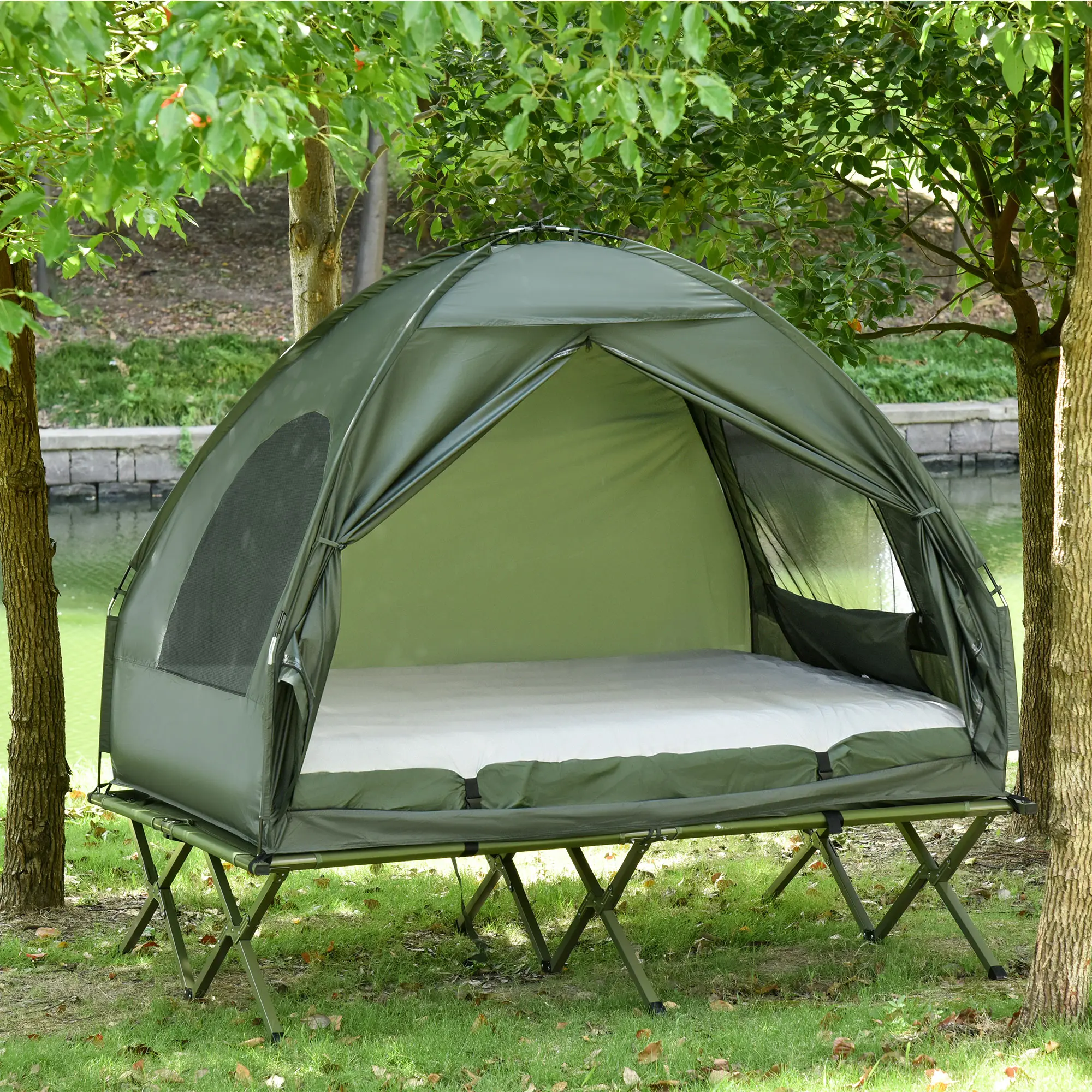 💥Last Chance Sale💥1/2 Person Foldable Camping Cot with Tent, Bedspread, Thick Air Mattress, 4-In-1 Elevated Camping Bed for Outdoor Hiking, Picnic, Travel