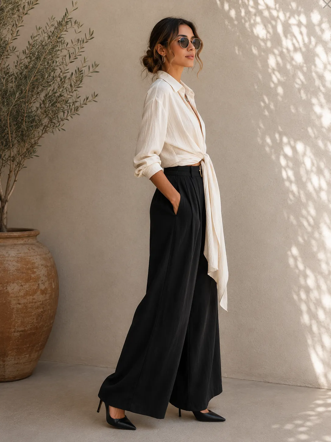 Twist Front Shirt & Wide Leg Pants Set