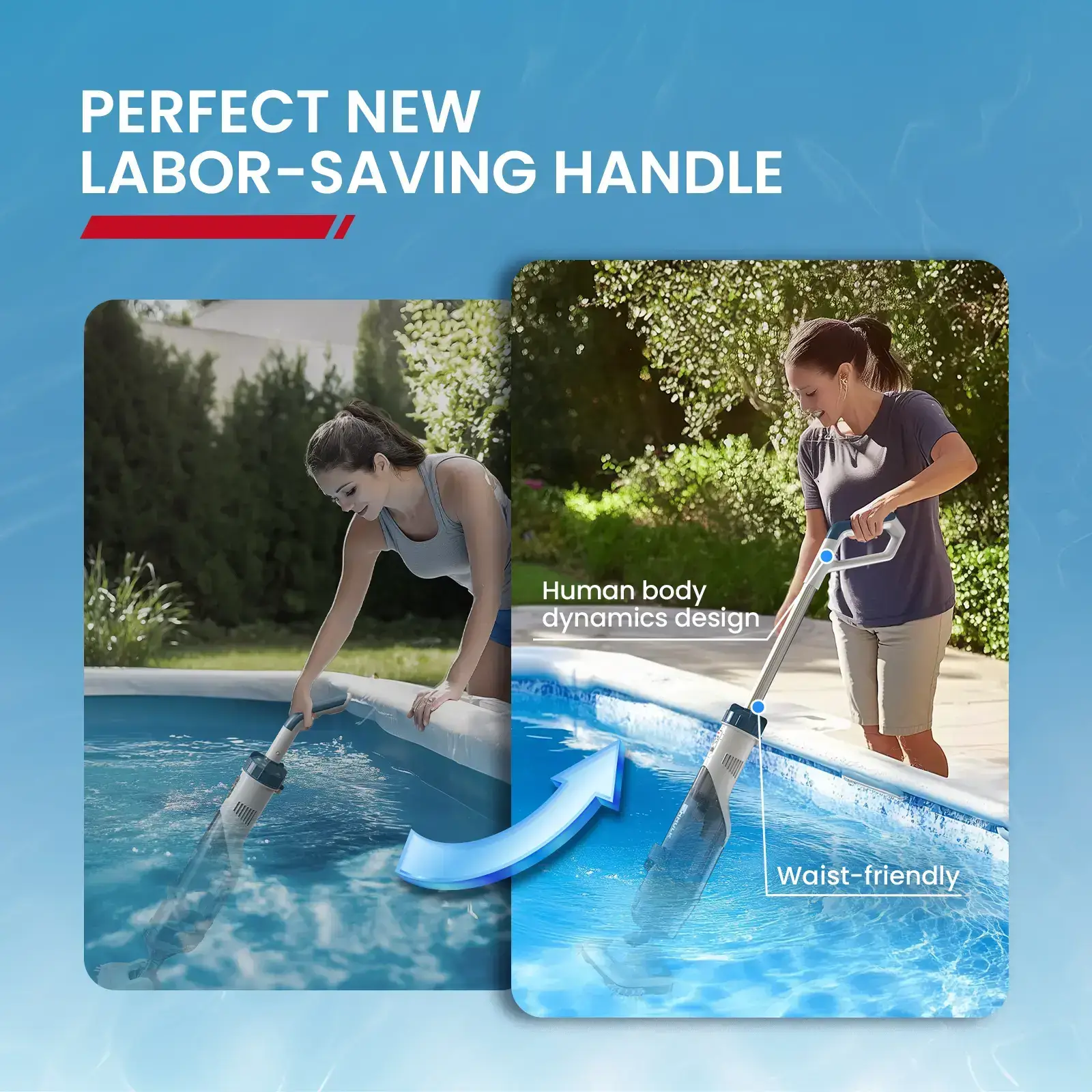 New Upgrade PC18 Pool Vacuum for Above Ground Pool with Telescopic Pole, Running time up to 1H, Handheld Design with Powerful Suction up to 18.5 gallon/min Ideal for Leaves, Debris