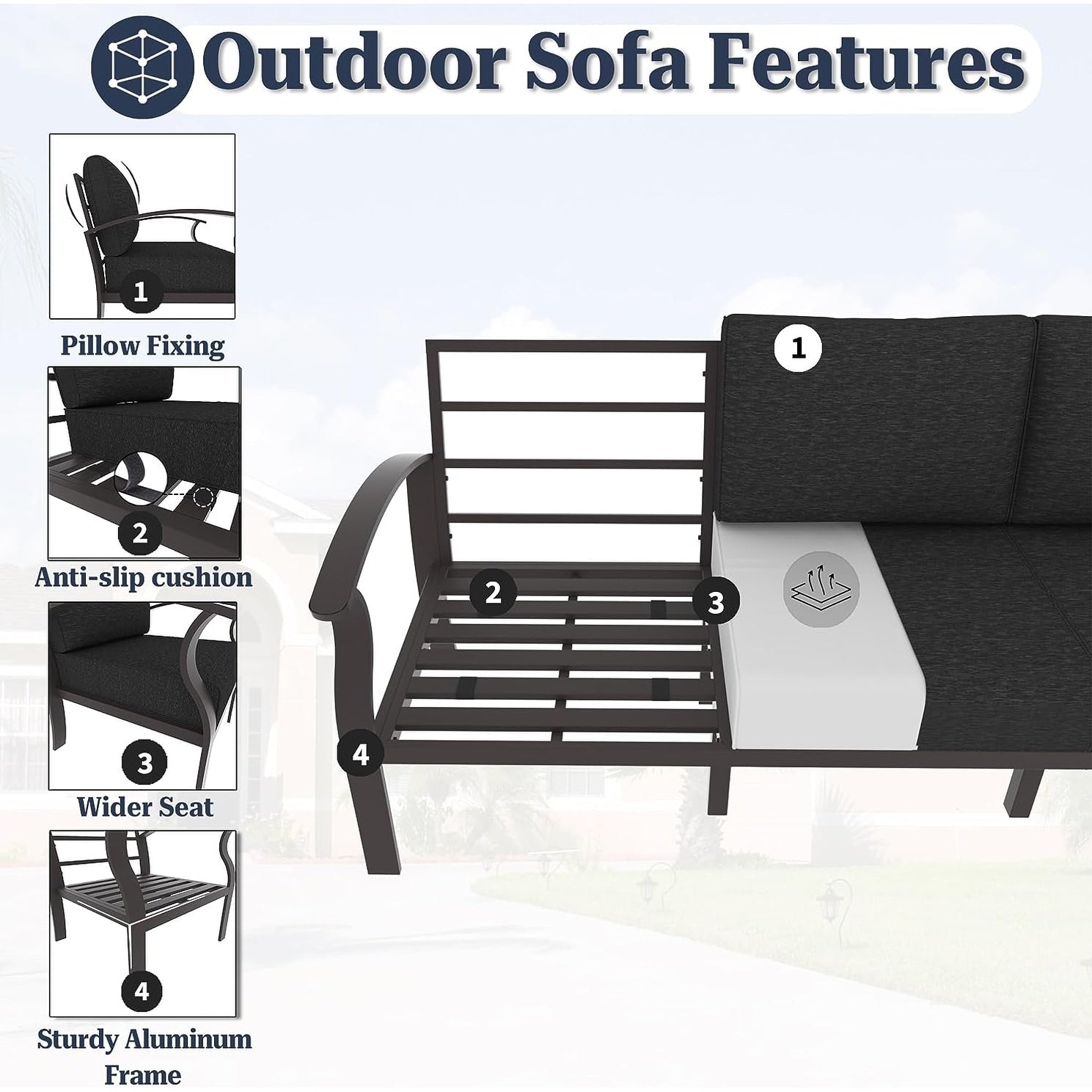 Kullavik Aluminum Outdoor Patio Furniture with Curved Armrests & Firepit Table