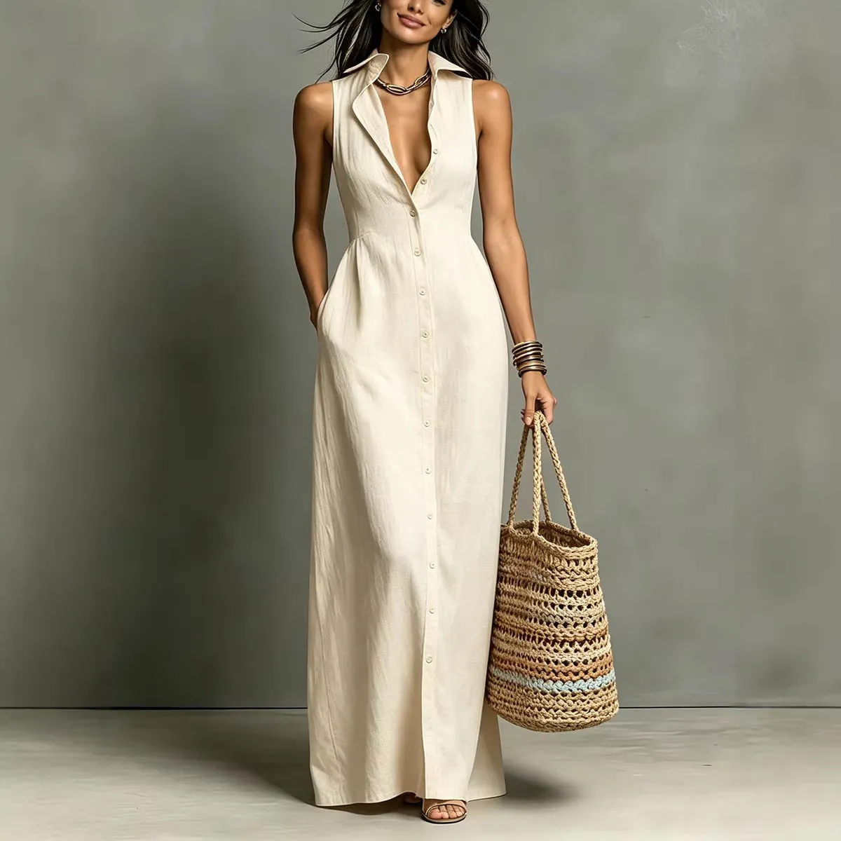 Women's Minimalist Linen-Blend Collared Single-Breasted Sleeveless Maxi Shirt Dress