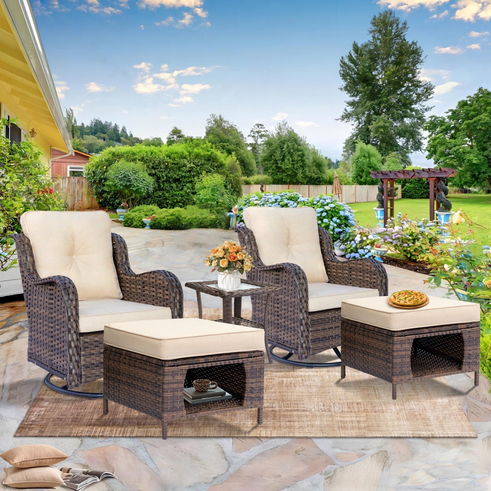 Outdoor Patio Furniture Set-Wicker Patio Conversation Swivel Chair Set