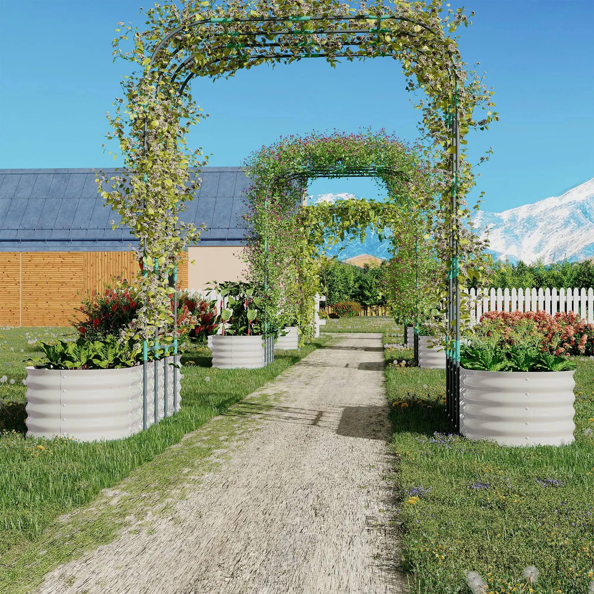 2Pcs Raised Garden Bed Set with Arch Trellis, 200x60x45cm Green Steel
