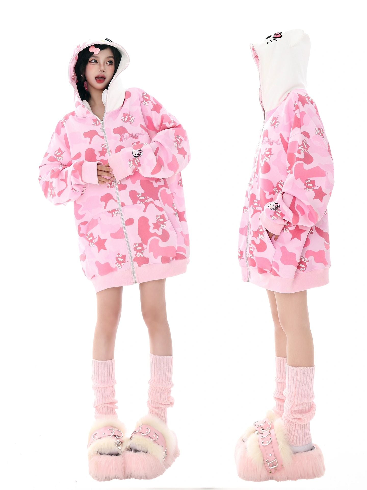 Hellokitty Camouflage Drawstring Zip Up Oversized Hoodies Jacket